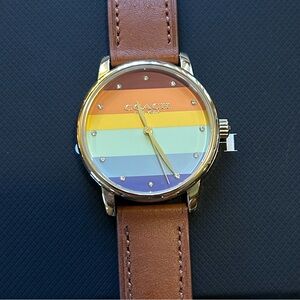 Coach Women's Rainbow Dial Watch with Brown Leather Strap